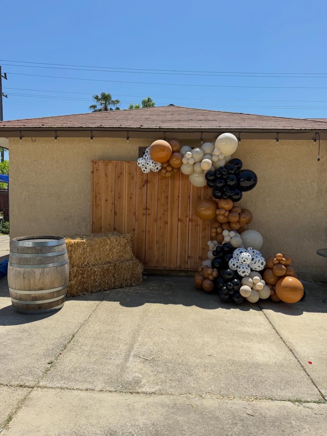 Western themed balloon garland on a rustic backyard backdrop
